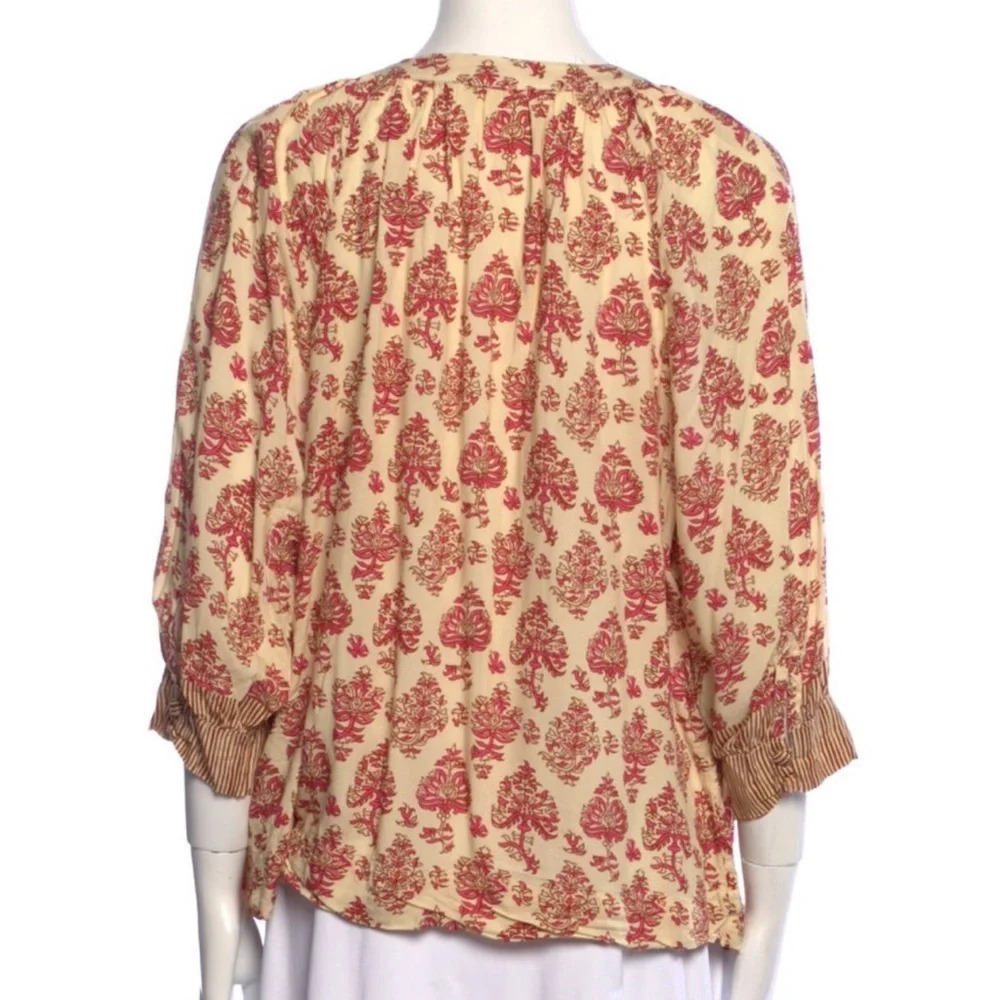 Natalie Martin Blouse Neutrals Printed 3/4 Sleeve with V-Neck sz S 100% rayon - Picture 3 of 3
